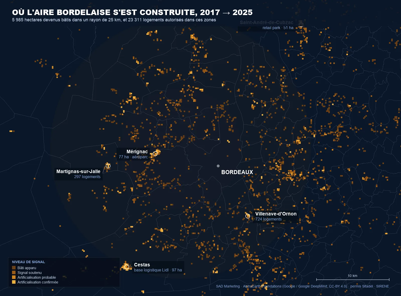 Carte de l'artificialisation détectée par satellite dans l'aire bordelaise entre 2017 et 2025 : 5 985 hectares de sol devenus bâtis, avec la base logistique Lidl de Cestas, l'aéroparc de Mérignac, le retail park de Saint-André-de-Cubzac et les extensions résidentielles de Villenave-d'Ornon et Martignas-sur-Jalle