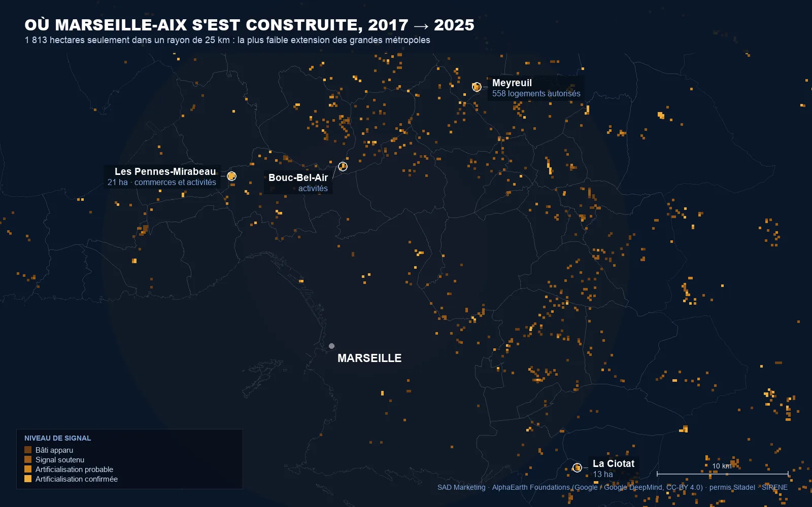 Carte de l'artificialisation détectée par satellite entre Marseille et Aix-en-Provence entre 2017 et 2025 : 1 813 hectares de sol devenus bâtis, avec Les Pennes-Mirabeau, Meyreuil, Bouc-Bel-Air et La Ciotat