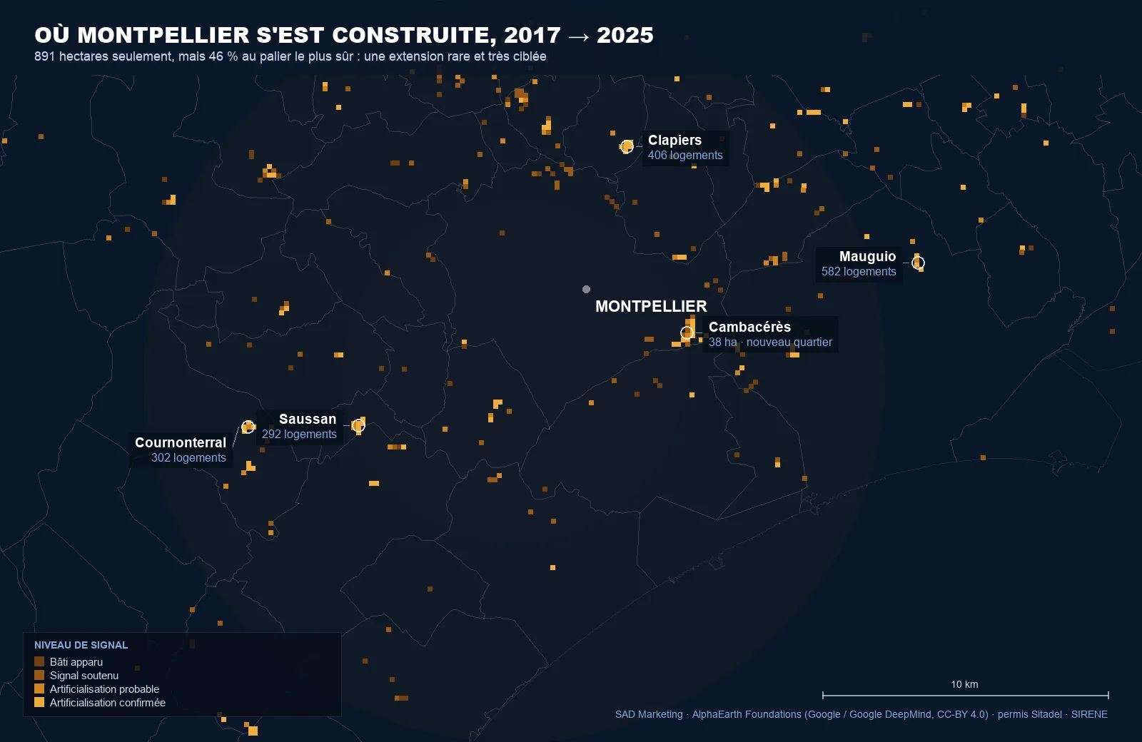 Carte de l'artificialisation détectée par satellite autour de Montpellier entre 2017 et 2025 : 891 hectares de sol devenus bâtis, avec le quartier Cambacérès, Clapiers, Saussan, Cournonterral et Mauguio