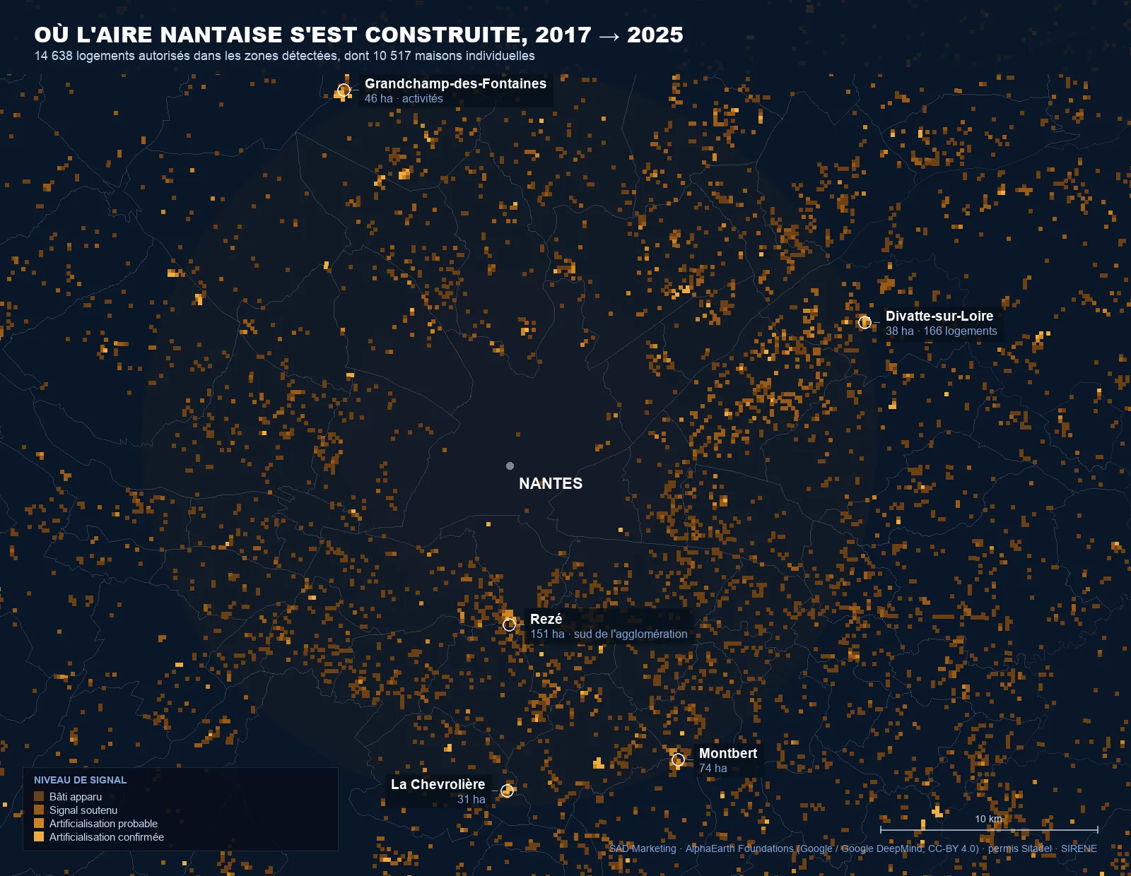 Carte de l'artificialisation détectée par satellite dans l'aire nantaise entre 2017 et 2025, avec les opérations de Grandchamp-des-Fontaines, Rezé, Montbert, La Chevrolière et Divatte-sur-Loire