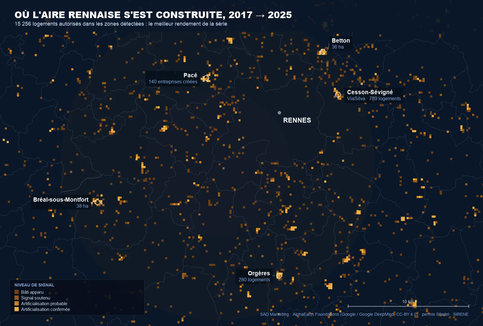 Carte de l'artificialisation détectée par satellite dans l'aire rennaise entre 2017 et 2025 : 4 252 hectares de sol devenus bâtis, avec le quartier ViaSilva à Cesson-Sévigné, le parc d'activités de Pacé, Betton, Bréal-sous-Montfort et Orgères
