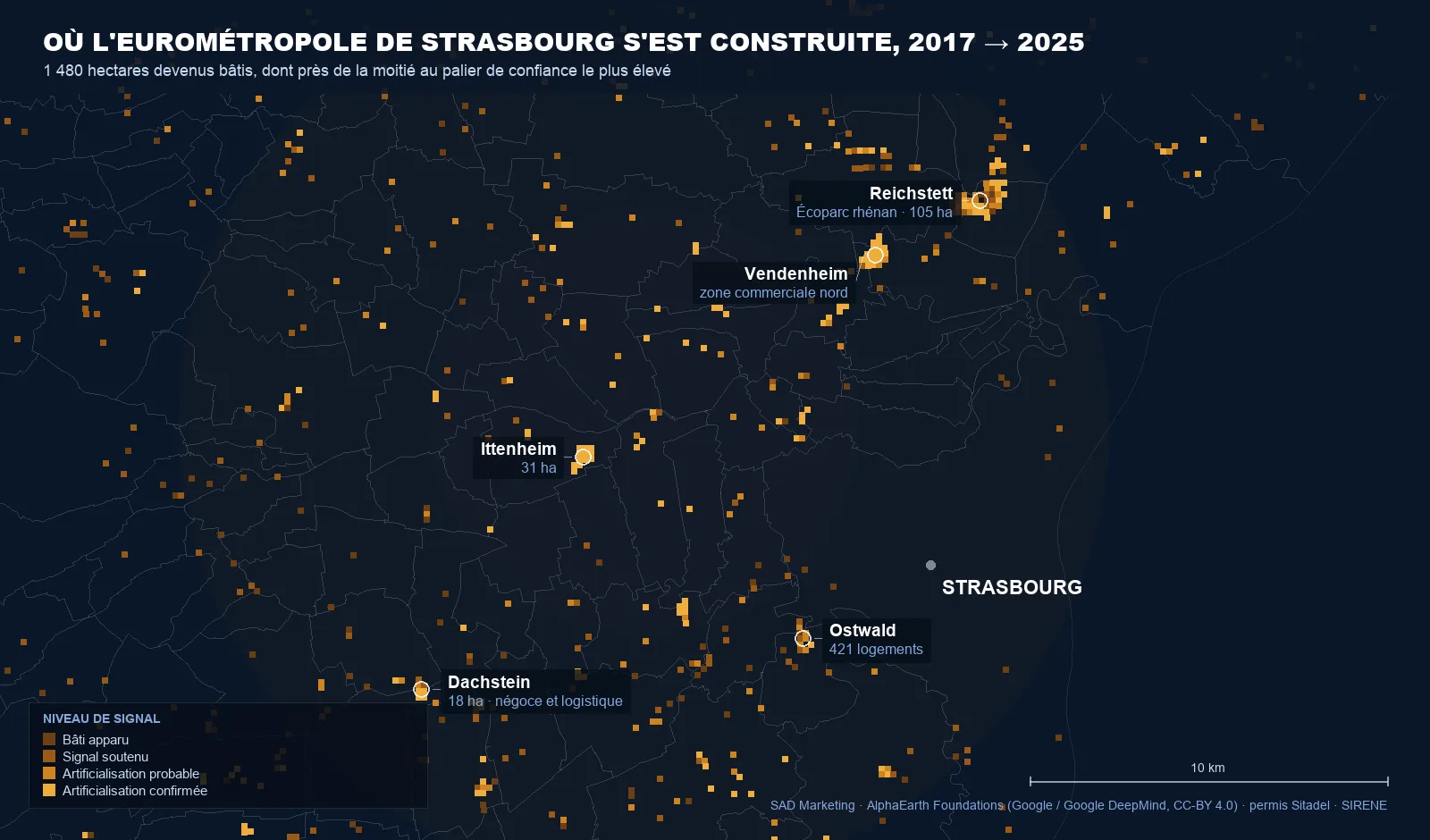Carte de l'artificialisation détectée par satellite dans l'Eurométropole de Strasbourg entre 2017 et 2025 : 1 480 hectares de sol devenus bâtis, avec l'Écoparc rhénan de Reichstett, la zone commerciale de Vendenheim, Ittenheim, l'écoquartier d'Ostwald et Dachstein