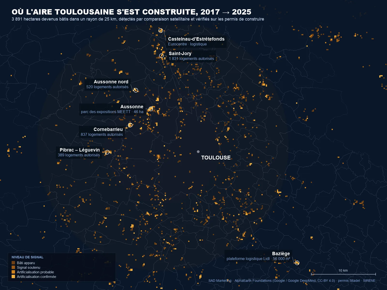 Carte de l'artificialisation détectée par satellite dans l'aire toulousaine entre 2017 et 2025 : 3 891 hectares de sol devenus bâtis, avec les principales opérations nommées à Aussonne, Saint-Jory, Cornebarrieu, Castelnau-d'Estrétefonds, Pibrac et Baziège