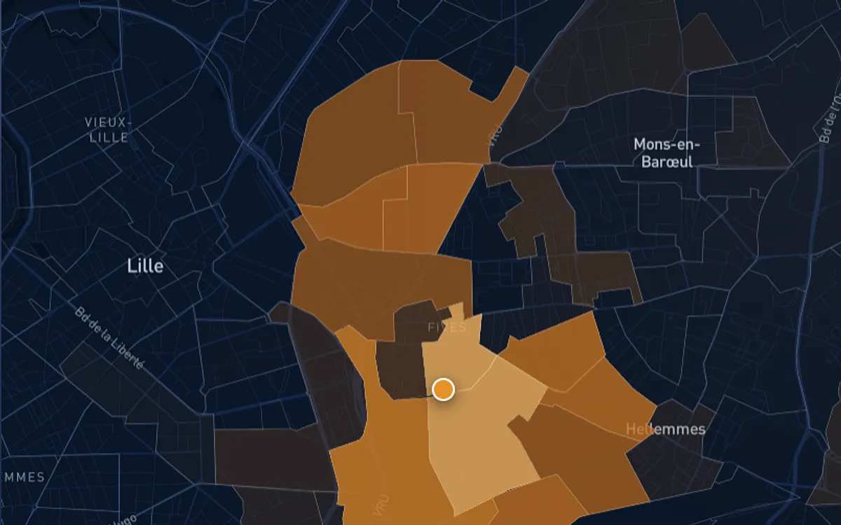 Carte du CA manquant par quartier autour d'un magasin, dans la démonstration du diagnostic