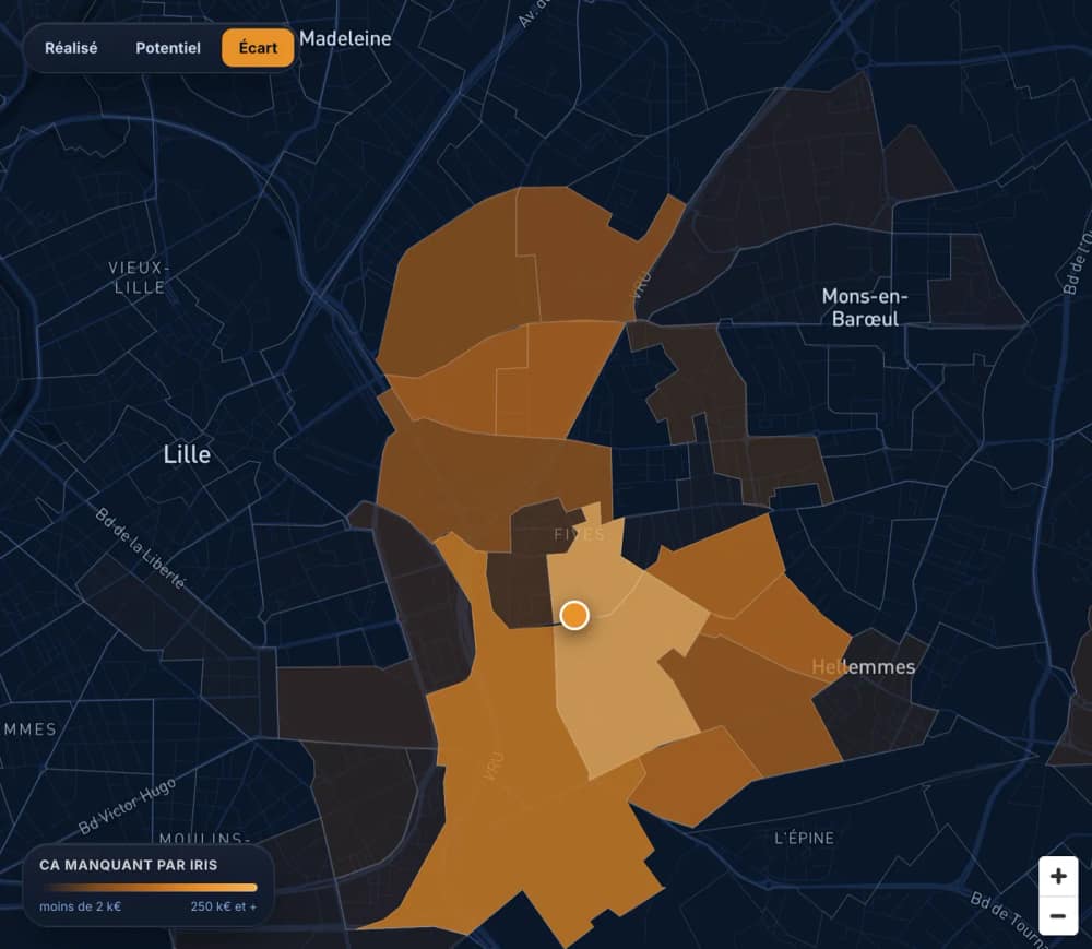 Carte du CA manquant par quartier autour du magasin