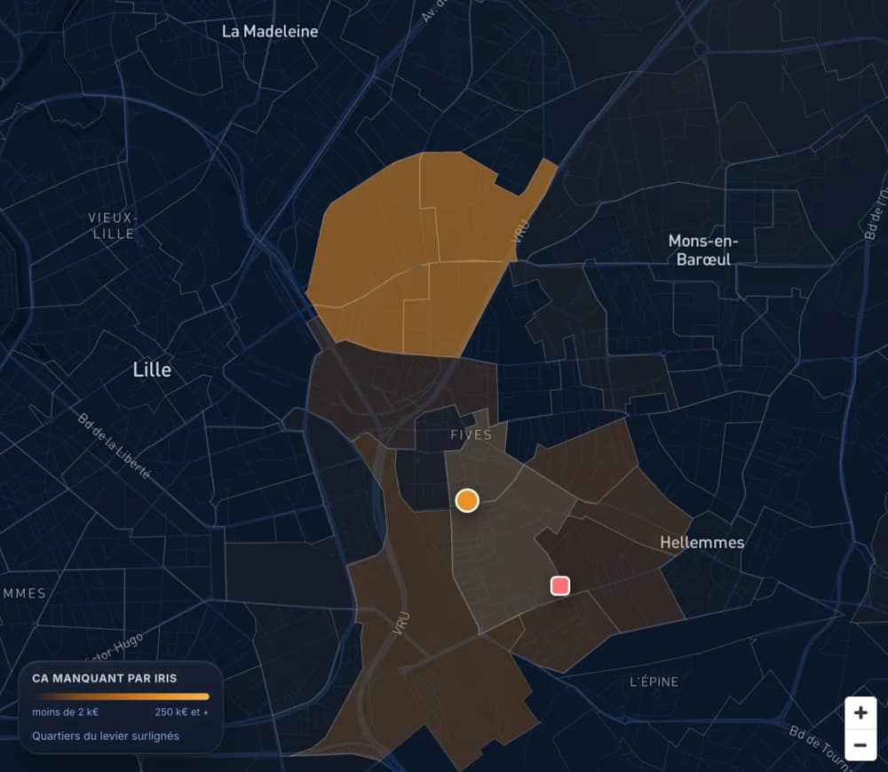 Carte de la zone blanche au nord des voies ferrées