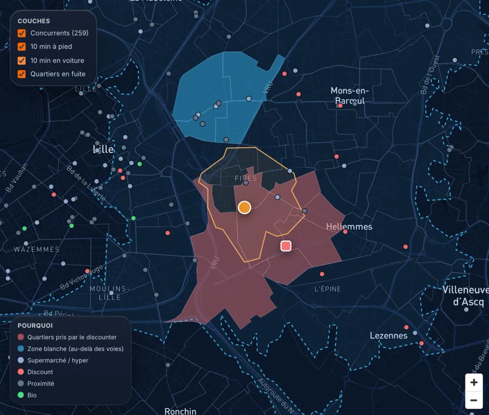 Carte des concurrents, isochrones et quartiers en fuite