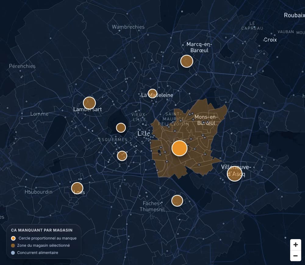 Carte du réseau, cercles proportionnels au CA manquant