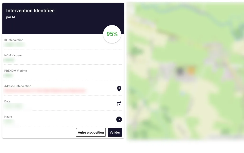 GeneratOps : intervention identifiée par l'IA avec un score de confiance de 95 %, boutons Autre proposition et Valider, carte du lieu (données floutées)