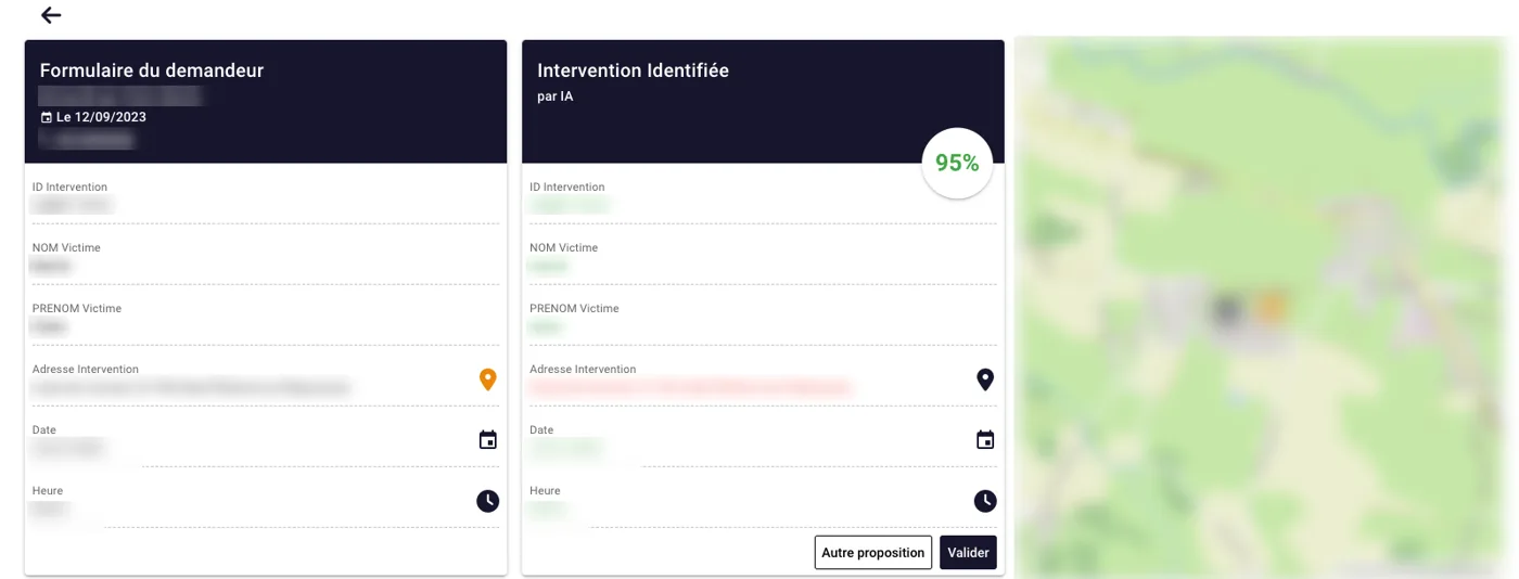 GeneratOps : demande et intervention identifiée côte à côte avec la carte (données personnelles floutées)