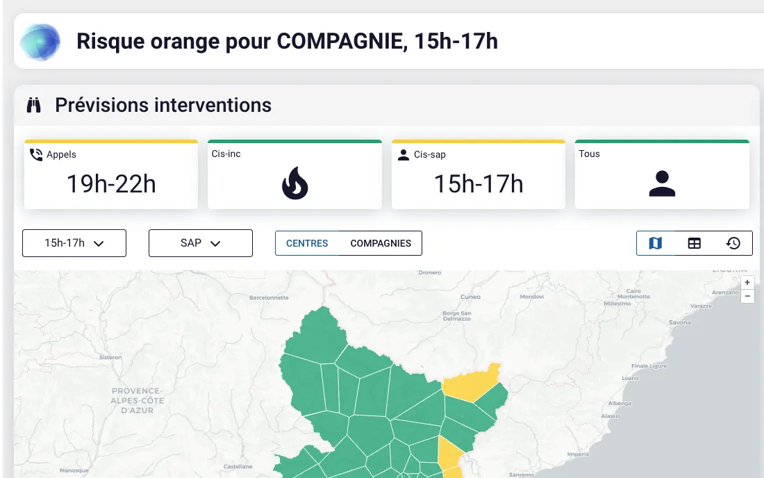 PredictOps : risque secours à personne de 15h à 17h et carte des interventions attendues