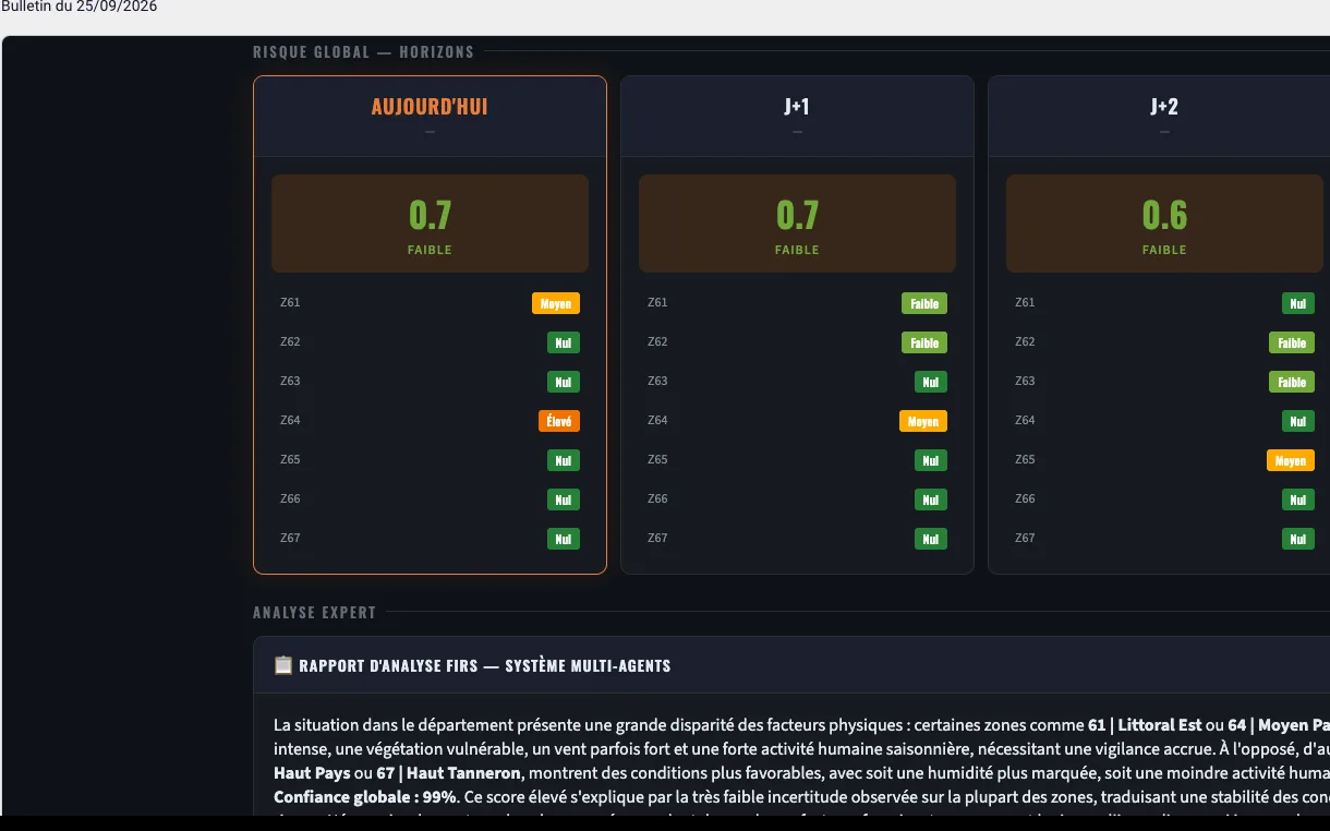 PredictOps : risque feux aujourd'hui, J+1, J+2 et J+3, et analyse expert
